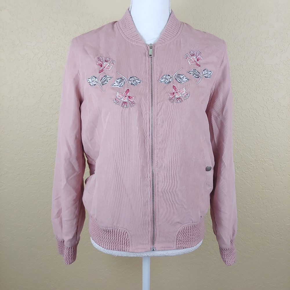 ODYN Pink Floral Embroidered Bomber Jacket Boho Large Pink